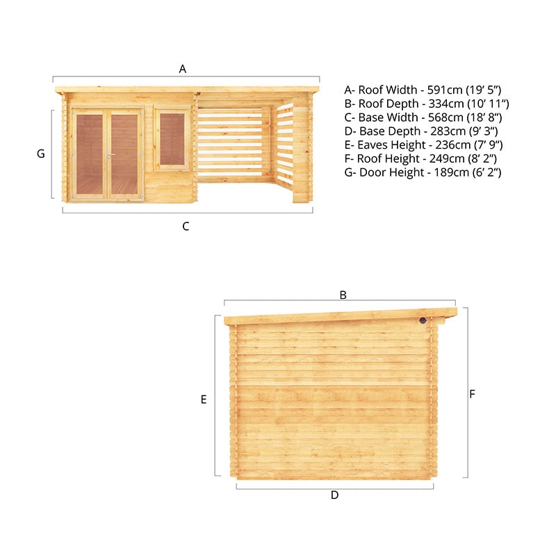 Mercia Elite 6m x 3m Double Glazed Pent Log Cabin and Slatted Gazebo (28mm) Technical Drawing