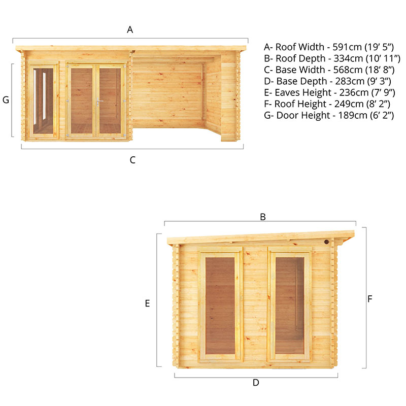 Mercia Studio 6m x 3m Double Glazed Pent Log Cabin and Gazebo with Sides (44mm) Technical Drawing