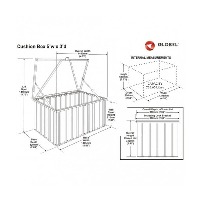 5x3 Globel Anthracite Grey Cushion Storage Box Technical Drawing