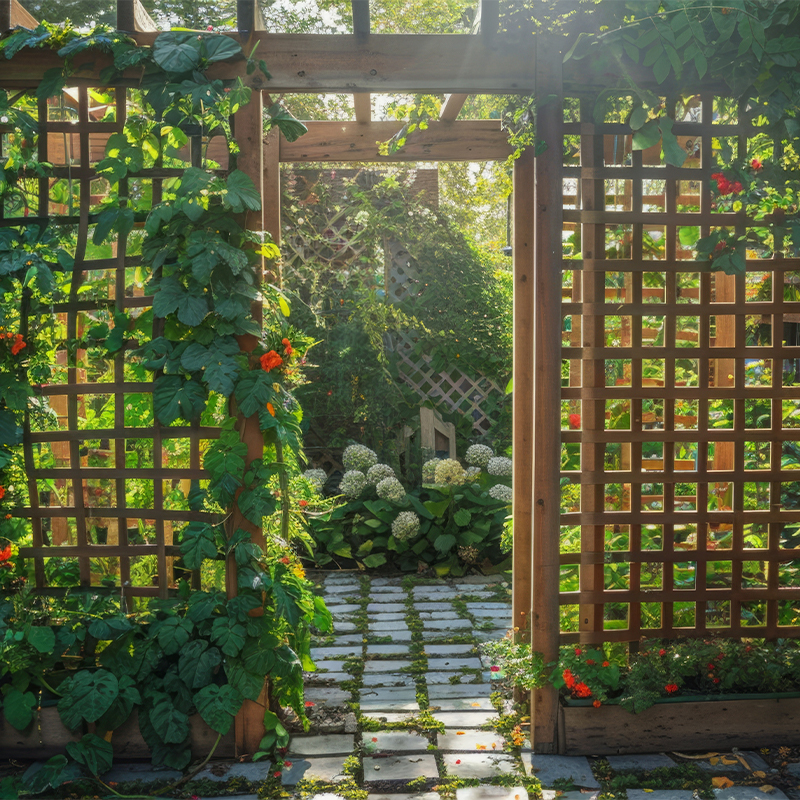 stone pathway, trellis arches covered in plants