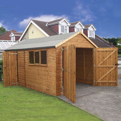 a wooden garage with apex roof, 3 windows, open double doors and open single side door